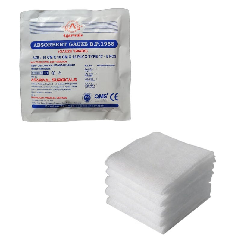 Agarwals Absorbent Gauze Swabs Sterile 10 cm X 10 cm X 12 ply (5Pcs/Pack)(Pack of 10 i.e. 50 Dressings) - Image 2
