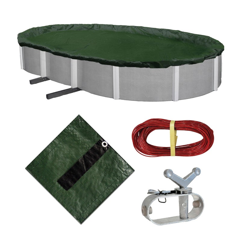 Blue Wave Silver 12Year 12 ft x 20 ft Oval Above Ground Pool Cover for Winter Durable WeatherResistant Polyethylene 4 ft Overlap Black Underside Reinforced Grommets Winch Cable Forest Green