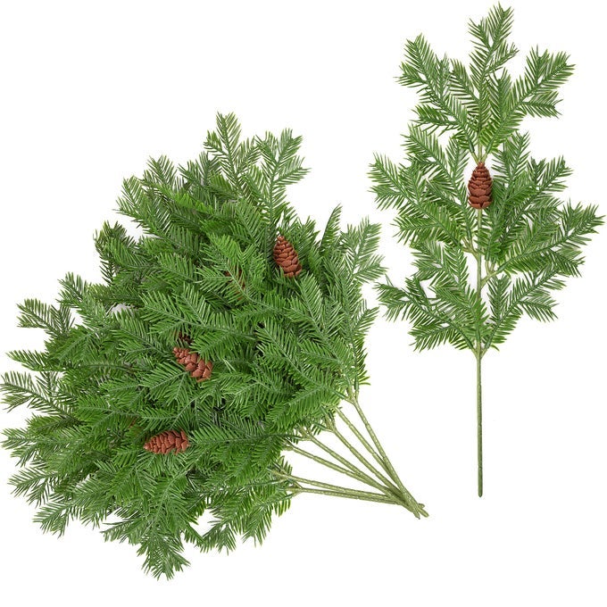 8 PCS LARGE ARTIFICIAL PINE NEEDLES BRANCHES 16 X 7 CHRISTMAS FAKE GREENERY PINE PICKS WITH PINECONE FAUX PINE LEAVES SPRIGS FOR CHRISTMAS GARLAND WREATH HOME GARDEN DECORATION