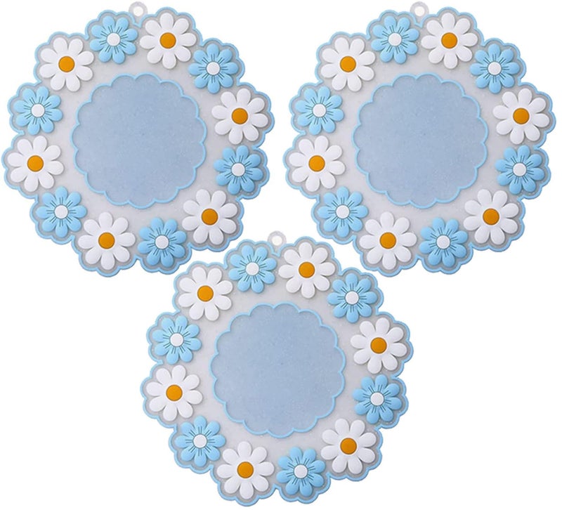 Turbid Silicone Coasters for Dining Table, Set of 3 20 * 20 CM Large Round Blue Daisy Flower Design, Non-Slip, Heat Resistant Trivet Mats, Dining Table Pads for Hot Pots, Bowls, Dishes & Drink - Image 1