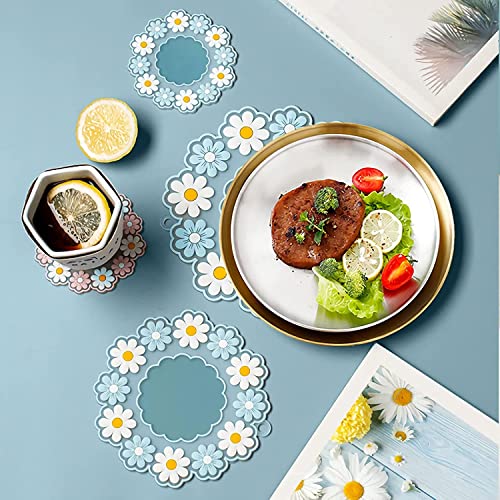 Turbid Silicone Coasters for Dining Table, Set of 3 20 * 20 CM Large Round Blue Daisy Flower Design, Non-Slip, Heat Resistant Trivet Mats, Dining Table Pads for Hot Pots, Bowls, Dishes & Drink - Image 4