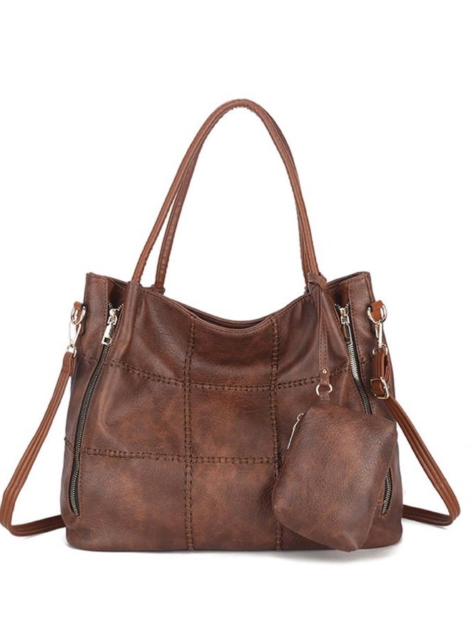 My Friday 2pcs Soft Faux Leather Tote Bag for Women Set, Slouchy Shoulder Handbag Vintage Top Handle Purse with Coin Purse, Brown - Image 1