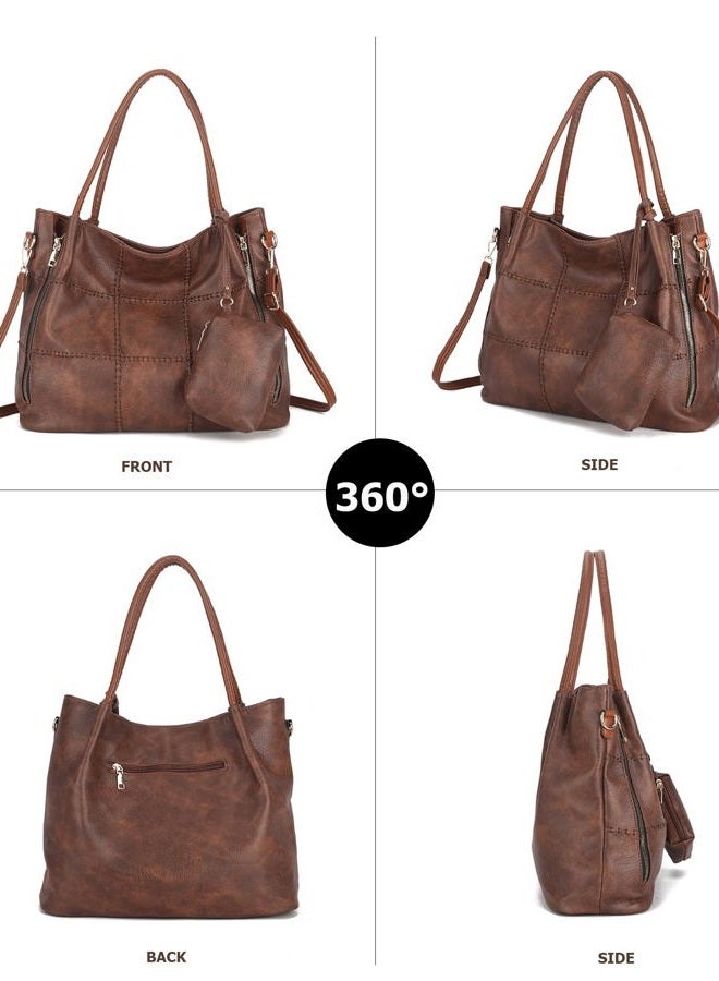 My Friday 2pcs Soft Faux Leather Tote Bag for Women Set, Slouchy Shoulder Handbag Vintage Top Handle Purse with Coin Purse, Brown - Image 4