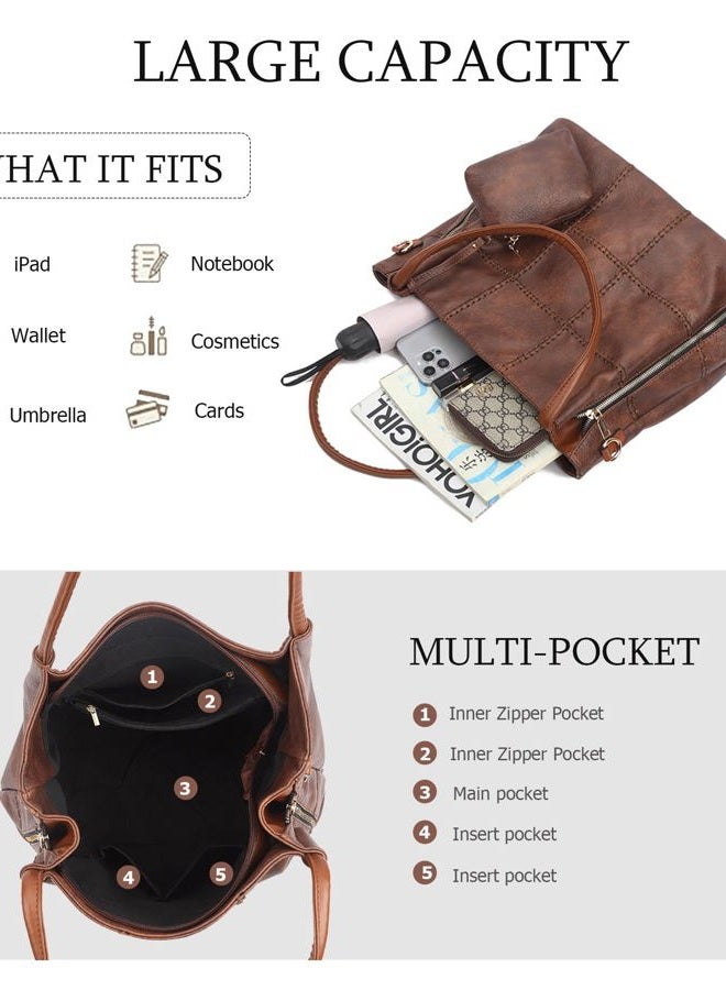 My Friday 2pcs Soft Faux Leather Tote Bag for Women Set, Slouchy Shoulder Handbag Vintage Top Handle Purse with Coin Purse, Brown - Image 5
