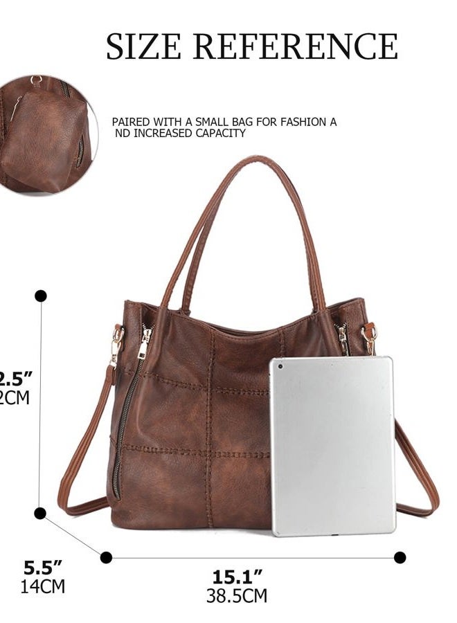 My Friday 2pcs Soft Faux Leather Tote Bag for Women Set, Slouchy Shoulder Handbag Vintage Top Handle Purse with Coin Purse, Brown - Image 3