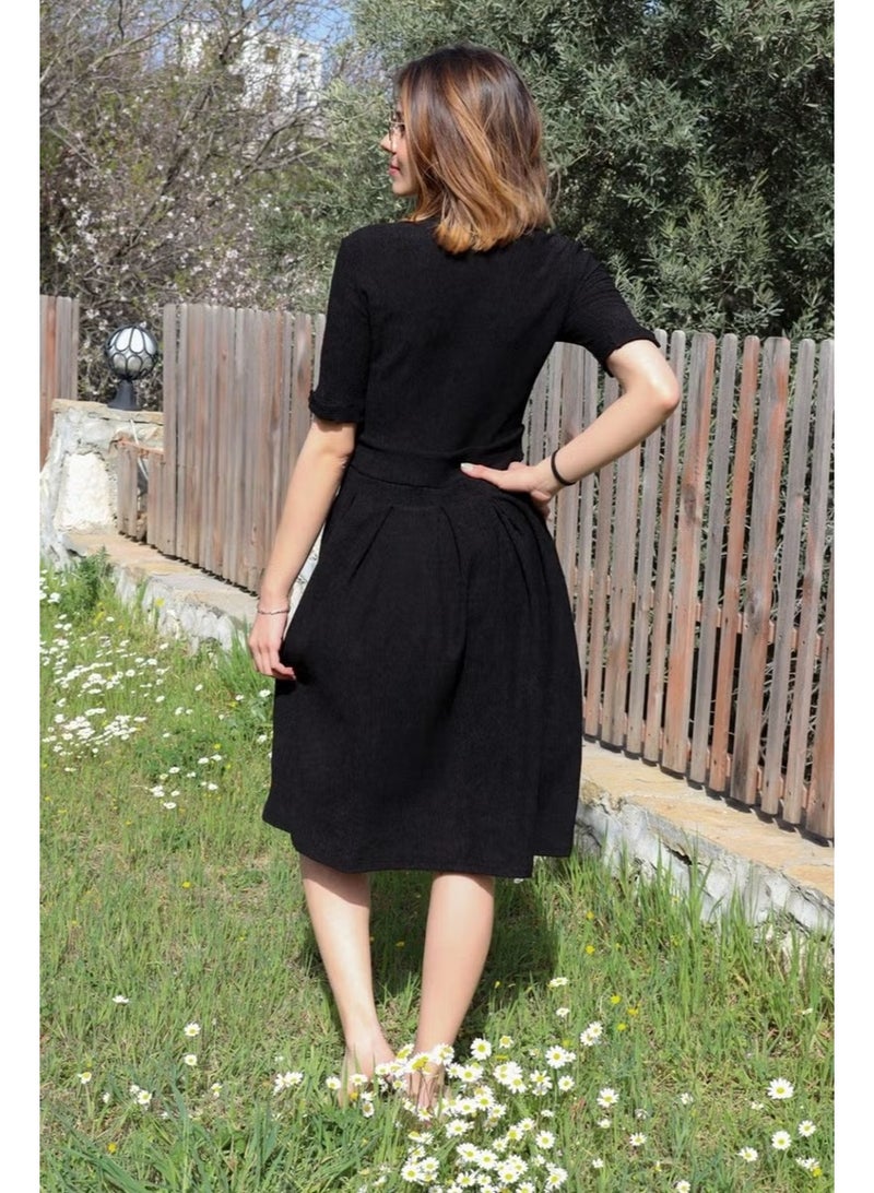 Barbora Pleated Black Midi Dress - Image 4