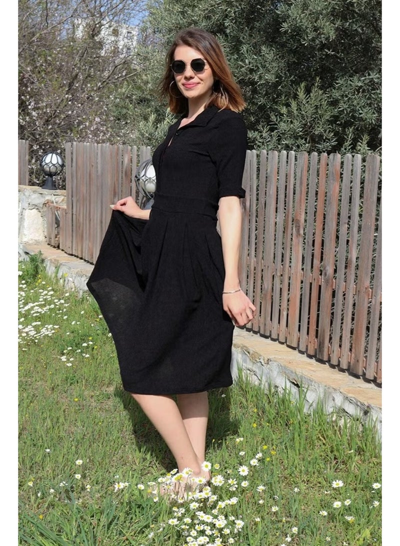 Barbora Pleated Black Midi Dress - Image 2