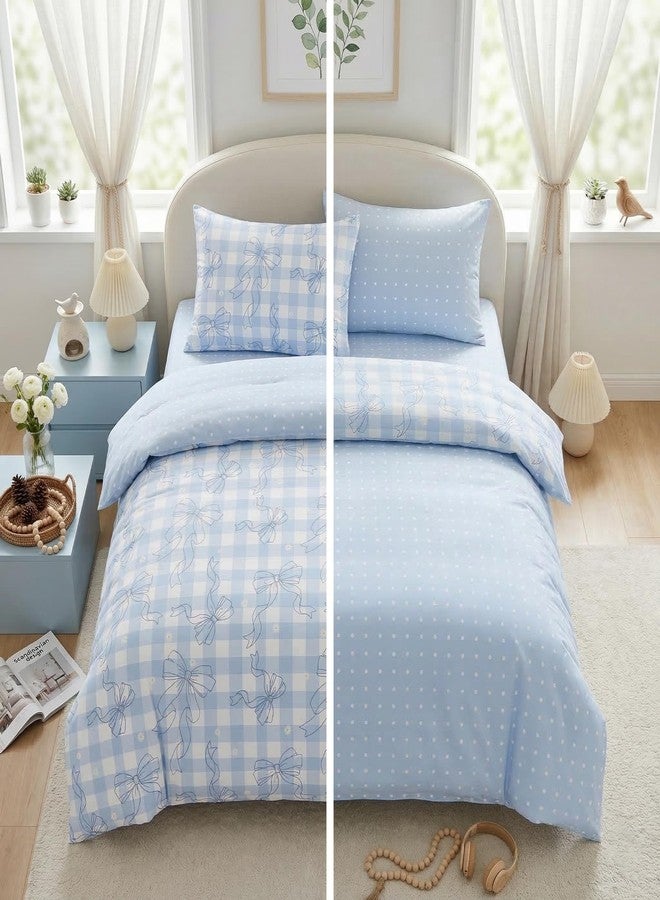 CCoutueChen Sky Blue Bow Duvet Cover Queen Size for Girls, Light Blue and White Plaid Bedding with Love Heart Back, 3 Piece Soft Microfiber Checkered Duvet Cover Set with 2 Pillowcases, 90"x90" - Image 2