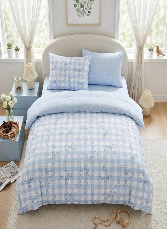 CCoutueChen Sky Blue Bow Duvet Cover Queen Size for Girls, Light Blue and White Plaid Bedding with Love Heart Back, 3 Piece Soft Microfiber Checkered Duvet Cover Set with 2 Pillowcases, 90"x90" - Image 4