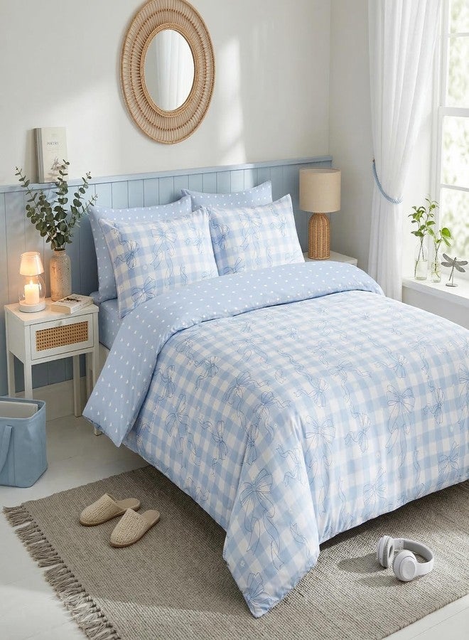 CCoutueChen Sky Blue Bow Duvet Cover Queen Size for Girls, Light Blue and White Plaid Bedding with Love Heart Back, 3 Piece Soft Microfiber Checkered Duvet Cover Set with 2 Pillowcases, 90"x90" - Image 5