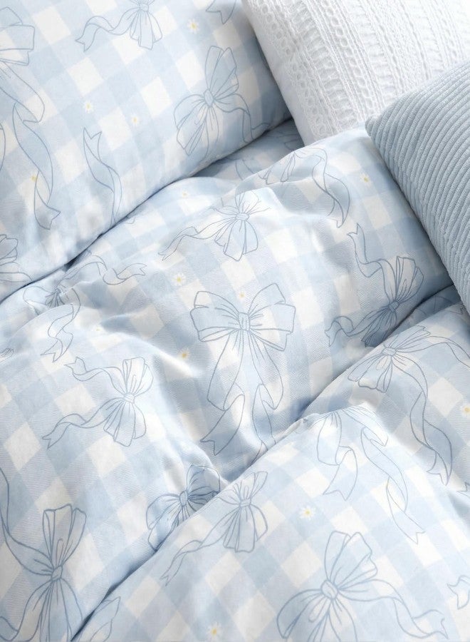 CCoutueChen Sky Blue Bow Duvet Cover Queen Size for Girls, Light Blue and White Plaid Bedding with Love Heart Back, 3 Piece Soft Microfiber Checkered Duvet Cover Set with 2 Pillowcases, 90"x90" - Image 3