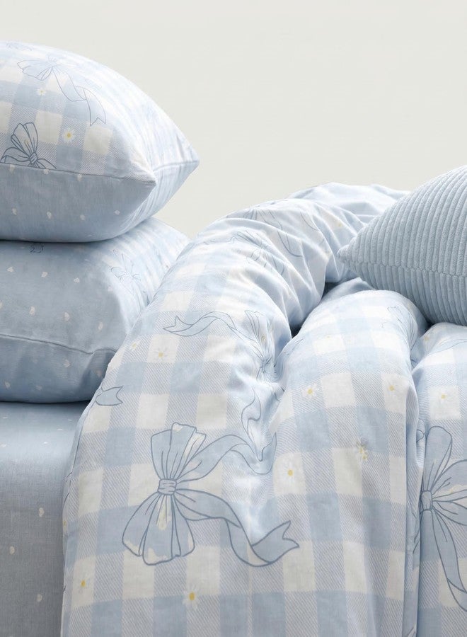 CCoutueChen Sky Blue Bow Duvet Cover Queen Size for Girls, Light Blue and White Plaid Bedding with Love Heart Back, 3 Piece Soft Microfiber Checkered Duvet Cover Set with 2 Pillowcases, 90"x90" - Image 1