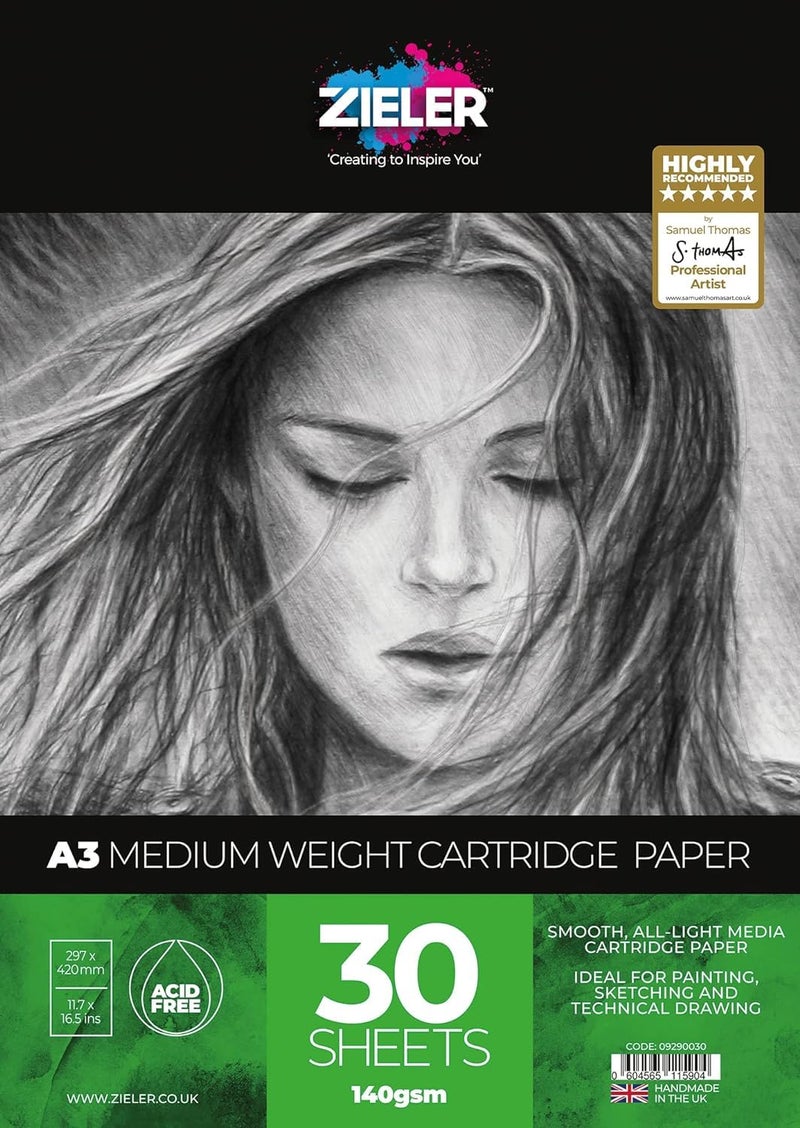 Zieler Medium Weight Cartridge Paper Pad - 140gsm, 30 Sheets (Smooth) - Suitable for Painting, Sketching & Technical Drawing. Made un UK (A3) - Image 1