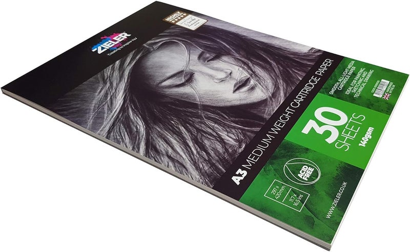 Zieler Medium Weight Cartridge Paper Pad - 140gsm, 30 Sheets (Smooth) - Suitable for Painting, Sketching & Technical Drawing. Made un UK (A3) - Image 2