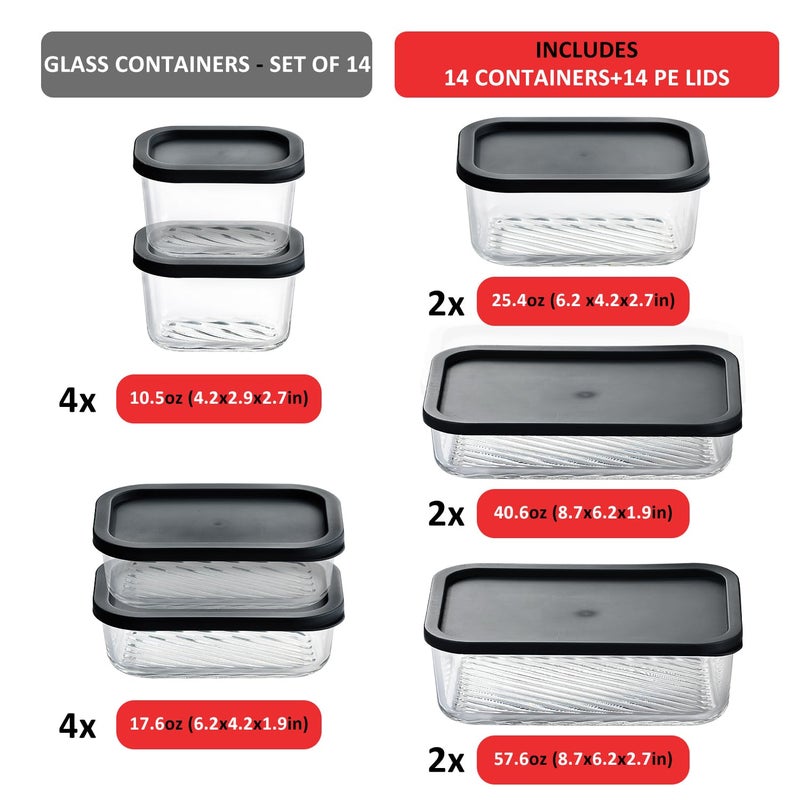 EATEX 14 Pack Glass Meal Prep Containers with Grooved Base, 14 Stackable BPA Free Glass Storage Containers with Lids for Lunch, Pantry, and Kitchen - Microwave, Dishwasher Freezer & Oven Safe - Black - Image 2
