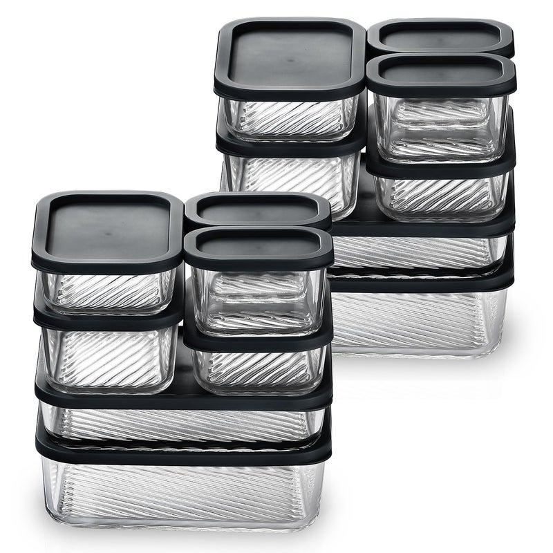 EATEX 14 Pack Glass Meal Prep Containers with Grooved Base, 14 Stackable BPA Free Glass Storage Containers with Lids for Lunch, Pantry, and Kitchen - Microwave, Dishwasher Freezer & Oven Safe - Black - Image 1