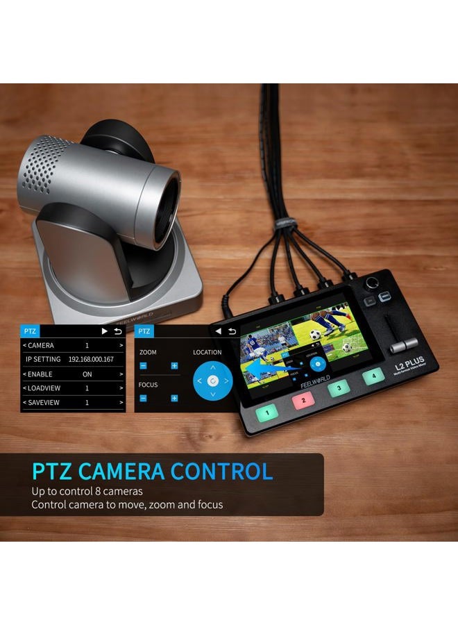Feelworld مبدل الفيديو المتعدد الكاميرات L2 Plus مع شاشة LCD تعمل باللمس بحجم 5.5 بوصة ووحدة تحكم PTZ ومفتاح كرومو 4 مدخلات HDMI ومنفذ USB3.0 وإنتاج بتنسيق في الوقت الحقيقي وبث مباشر ومبرد مدمج - Image 3