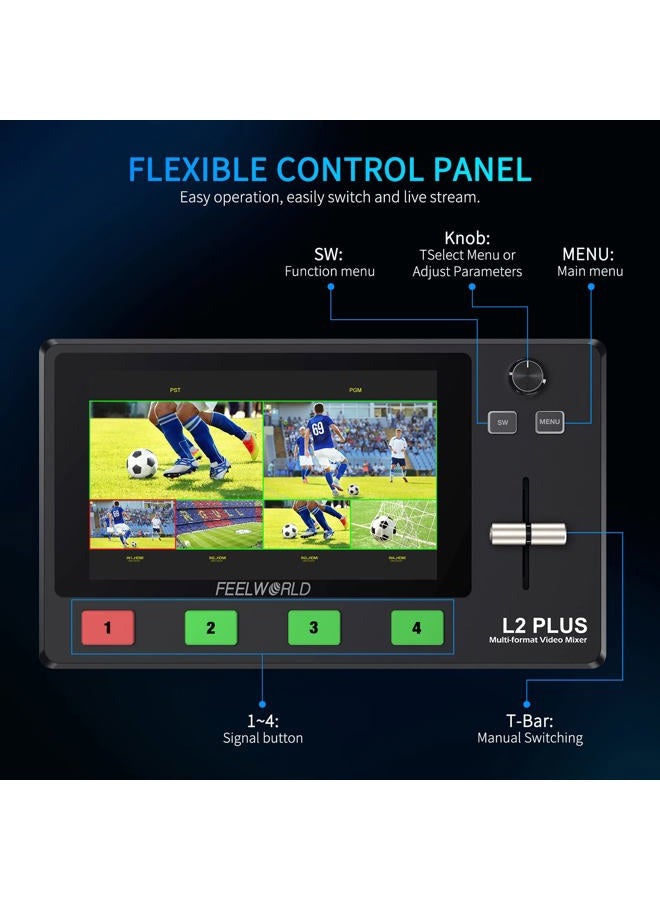 Feelworld مبدل الفيديو المتعدد الكاميرات L2 Plus مع شاشة LCD تعمل باللمس بحجم 5.5 بوصة ووحدة تحكم PTZ ومفتاح كرومو 4 مدخلات HDMI ومنفذ USB3.0 وإنتاج بتنسيق في الوقت الحقيقي وبث مباشر ومبرد مدمج - Image 5