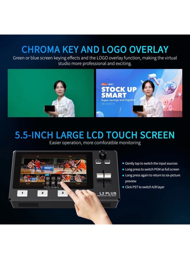 Feelworld مبدل الفيديو المتعدد الكاميرات L2 Plus مع شاشة LCD تعمل باللمس بحجم 5.5 بوصة ووحدة تحكم PTZ ومفتاح كرومو 4 مدخلات HDMI ومنفذ USB3.0 وإنتاج بتنسيق في الوقت الحقيقي وبث مباشر ومبرد مدمج - Image 4