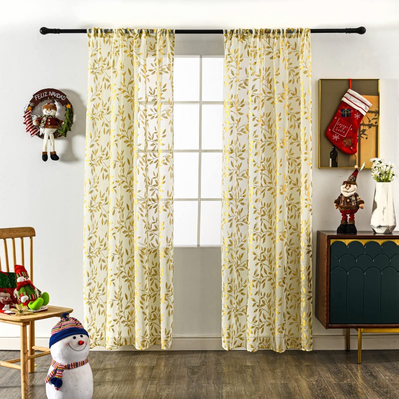 Deeprove الستائر الشفافة العميقة 63 بوصة طول 2 لوحات الذهب رقائق الذهب كرمة كرمة طباعة علاجات نافذة طباعة لغرفة النوم ديكور عيد الميلاد برونزيف خصوصية الستائر العاج الجيب 52 "" W × 63 "" L كريم " - Image 5