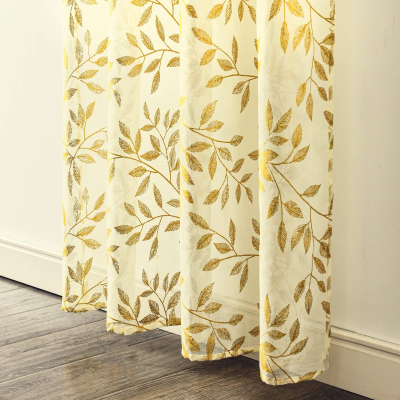 Deeprove الستائر الشفافة العميقة 63 بوصة طول 2 لوحات الذهب رقائق الذهب كرمة كرمة طباعة علاجات نافذة طباعة لغرفة النوم ديكور عيد الميلاد برونزيف خصوصية الستائر العاج الجيب 52 "" W × 63 "" L كريم " - Image 3