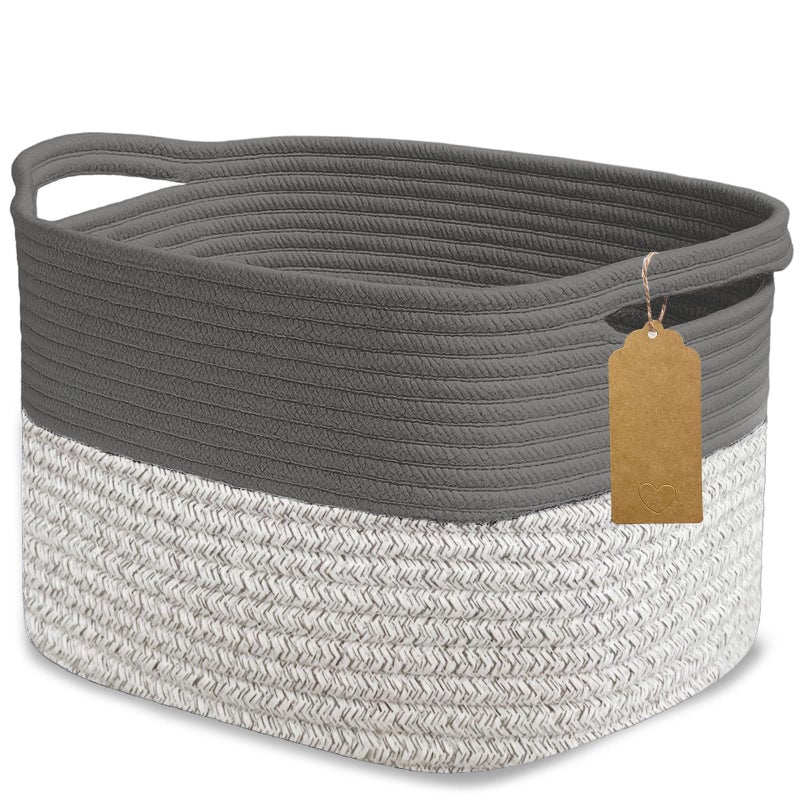 Tailoreadily Woven Storage Basket Cotton Rope Closet Organizers Bins for Clothes Blanket Towels Stylish Gift Baskets with Handles 134 x 93 x 95 in Grey and Dark Gray Pack of 1 - Image 2