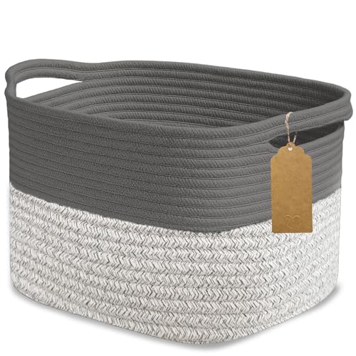Tailoreadily Woven Storage Basket Cotton Rope Closet Organizers Bins for Clothes Blanket Towels Stylish Gift Baskets with Handles 134 x 93 x 95 in Grey and Dark Gray Pack of 1 - Image 1