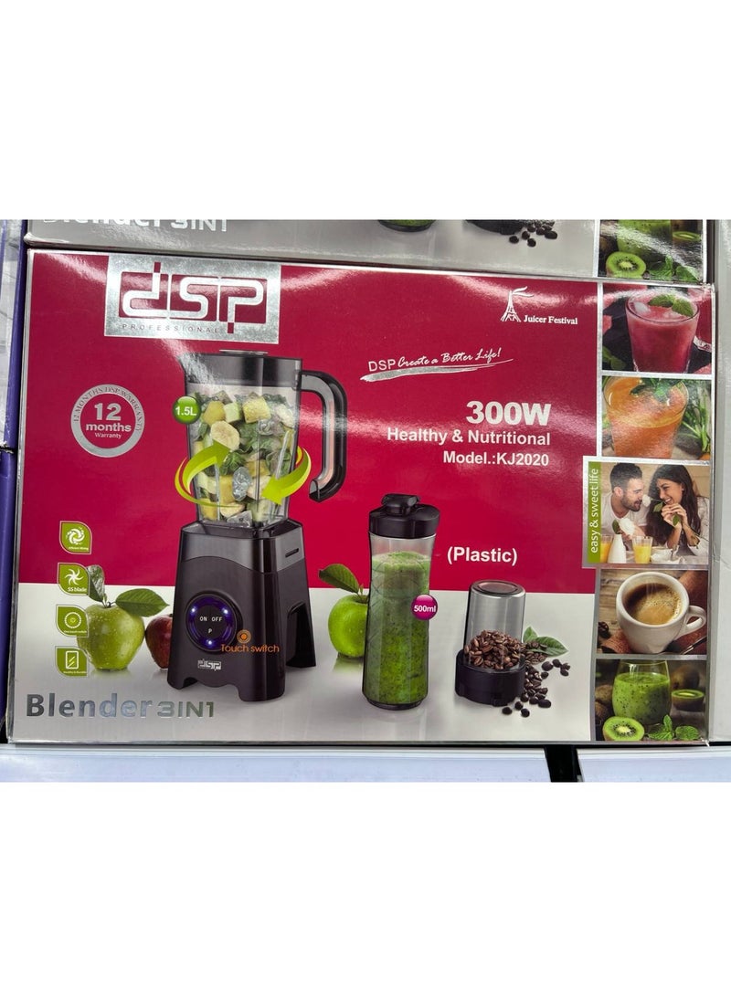 Electric Blender 3 in 1 Blender 300 Watts comes with 1.5 liter main bowl and some accessories such as a small grinder and a 500 ml bottle with a one year warranty in multiple colors