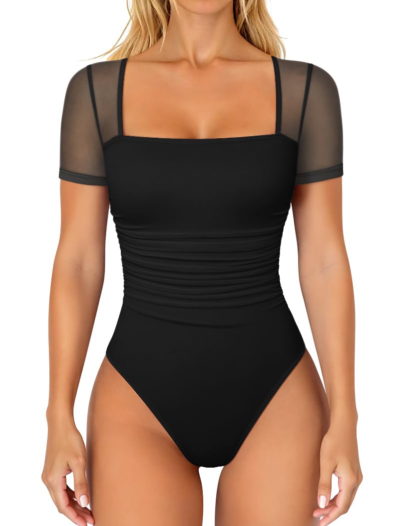 OQQ Women Short Sleeve Bodysuit Square Neck Tummy Control Shapewear Mesh Ruched One Piece Leotard Shirts Going Out Tops Black - Image 1