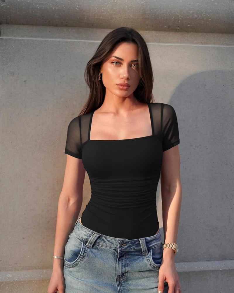 OQQ Women Short Sleeve Bodysuit Square Neck Tummy Control Shapewear Mesh Ruched One Piece Leotard Shirts Going Out Tops Black - Image 4