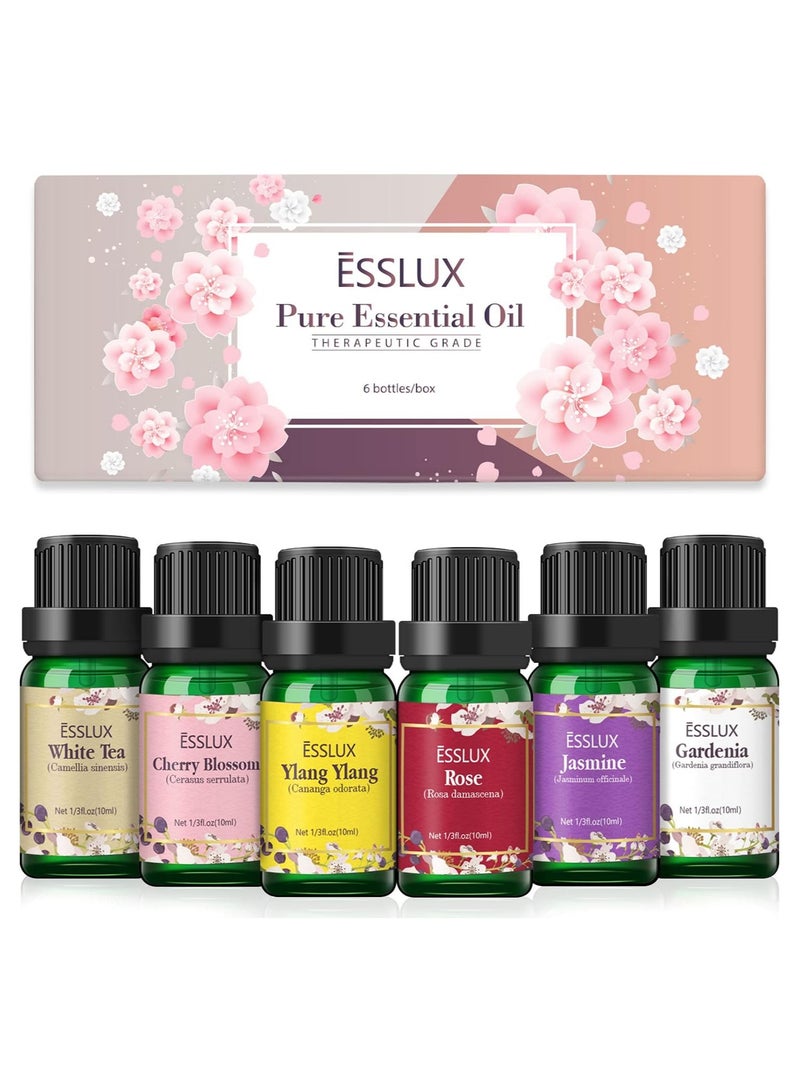 ESSLUX Pure Aromatherapy Essential Oil Set Rose Ylang Ylang Jasmine Cherry Blossom White Tea Gardenia Essential Oils for Diffuser, Massage and Candle Soap Making, 6x10ml - Image 1