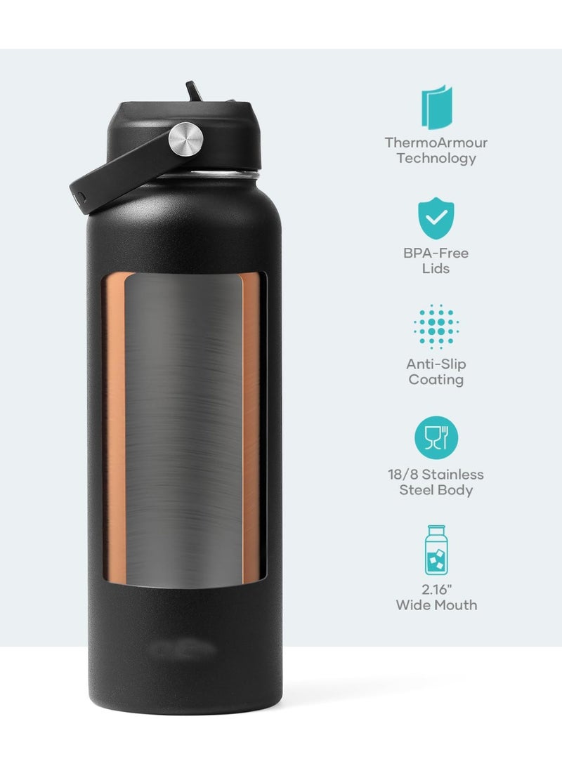 زجاجة مياه من الفولاذ المقاوم للصدأ سعة 40 أونصة (باردة لمدة 12 ساعة، ساخنة لمدة 12 ساعة)، كوب ماء معزول حراريًا سعة 1200 مل مع غطاء من القش وغطاء مرن (فم واسع، مقاوم للتسرب، خالي من مادة BPA)، أسود - Image 3