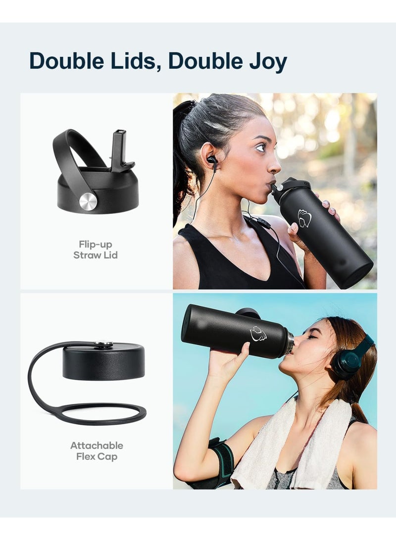 زجاجة مياه من الفولاذ المقاوم للصدأ سعة 40 أونصة (باردة لمدة 12 ساعة، ساخنة لمدة 12 ساعة)، كوب ماء معزول حراريًا سعة 1200 مل مع غطاء من القش وغطاء مرن (فم واسع، مقاوم للتسرب، خالي من مادة BPA)، أسود - Image 4