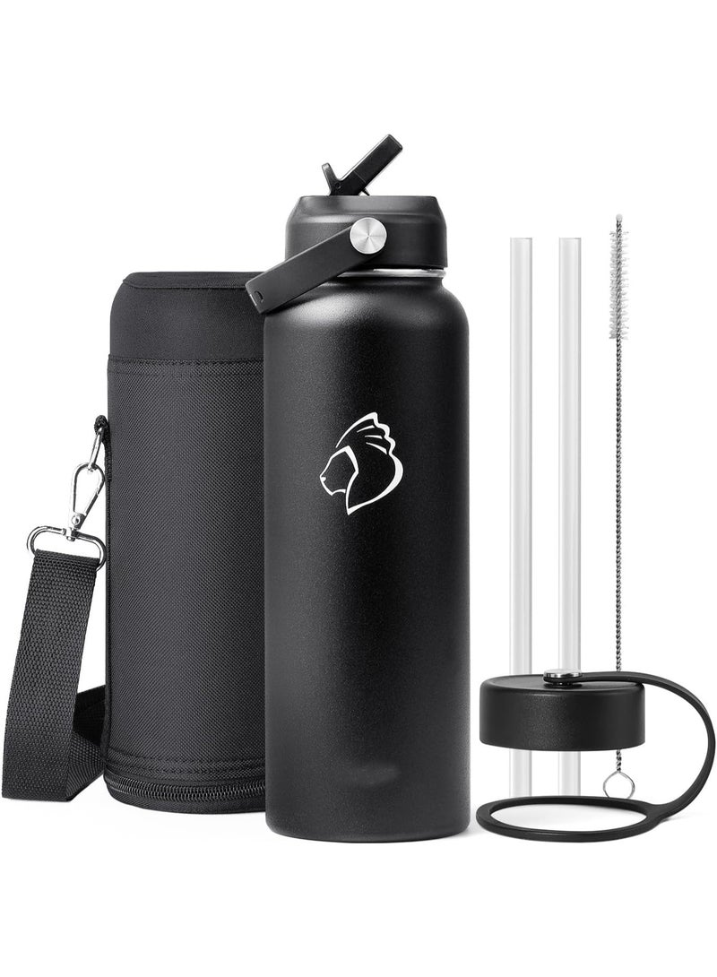 زجاجة مياه من الفولاذ المقاوم للصدأ سعة 40 أونصة (باردة لمدة 12 ساعة، ساخنة لمدة 12 ساعة)، كوب ماء معزول حراريًا سعة 1200 مل مع غطاء من القش وغطاء مرن (فم واسع، مقاوم للتسرب، خالي من مادة BPA)، أسود - Image 1