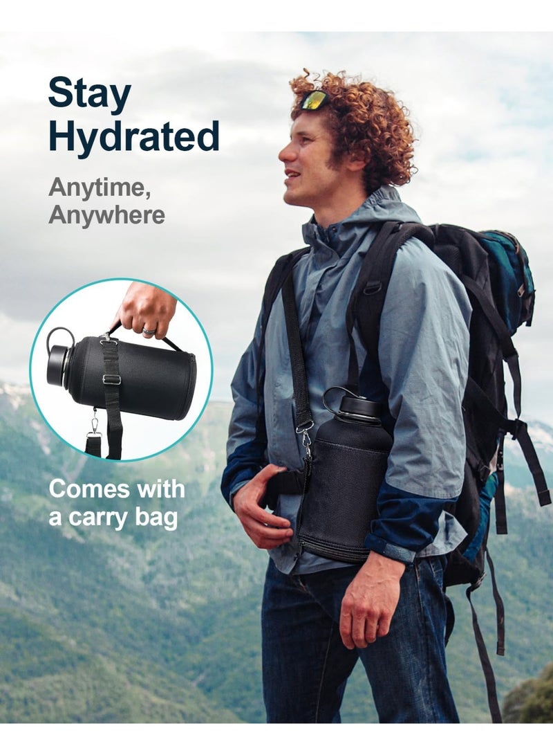 زجاجة مياه من الفولاذ المقاوم للصدأ سعة 40 أونصة (باردة لمدة 12 ساعة، ساخنة لمدة 12 ساعة)، كوب ماء معزول حراريًا سعة 1200 مل مع غطاء من القش وغطاء مرن (فم واسع، مقاوم للتسرب، خالي من مادة BPA)، أسود - Image 2