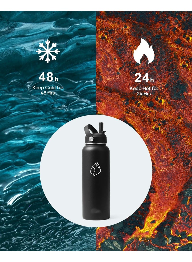 زجاجة مياه من الفولاذ المقاوم للصدأ سعة 40 أونصة (باردة لمدة 12 ساعة، ساخنة لمدة 12 ساعة)، كوب ماء معزول حراريًا سعة 1200 مل مع غطاء من القش وغطاء مرن (فم واسع، مقاوم للتسرب، خالي من مادة BPA)، أسود - Image 5
