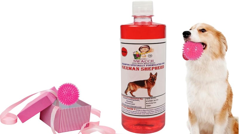 swacch Shampoo | Puppy Safe Shampoo | PH Balanced | Ditch to Itch for German Shepherd Shampoo 500ml (Strawberry) + Spike Ball Chew Toy Combo Pack - Image 1