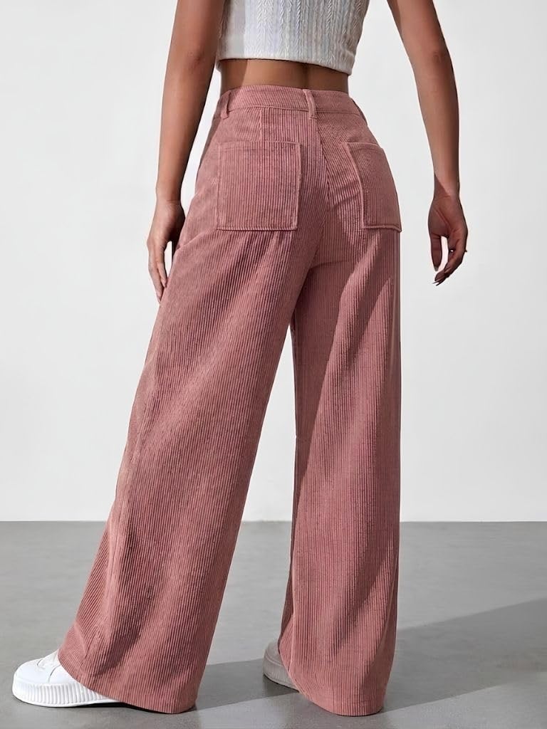 SMOWKLY Women's Corduroy Mid Rise Wide Leg Sweatpant with Pocket || Loose & Relaxed Fit Casual Korean Baggy Trousers for Woman Elegant Workwear for Office, College & Events(1678_PCH_L) Peach - Image 3