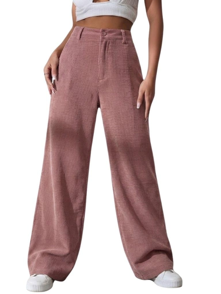 SMOWKLY Women's Corduroy Mid Rise Wide Leg Sweatpant with Pocket || Loose & Relaxed Fit Casual Korean Baggy Trousers for Woman Elegant Workwear for Office, College & Events(1678_PCH_L) Peach - Image 1