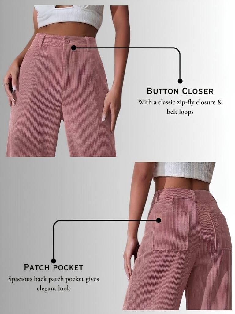 SMOWKLY Women's Corduroy Mid Rise Wide Leg Sweatpant with Pocket || Loose & Relaxed Fit Casual Korean Baggy Trousers for Woman Elegant Workwear for Office, College & Events(1678_PCH_L) Peach - Image 4