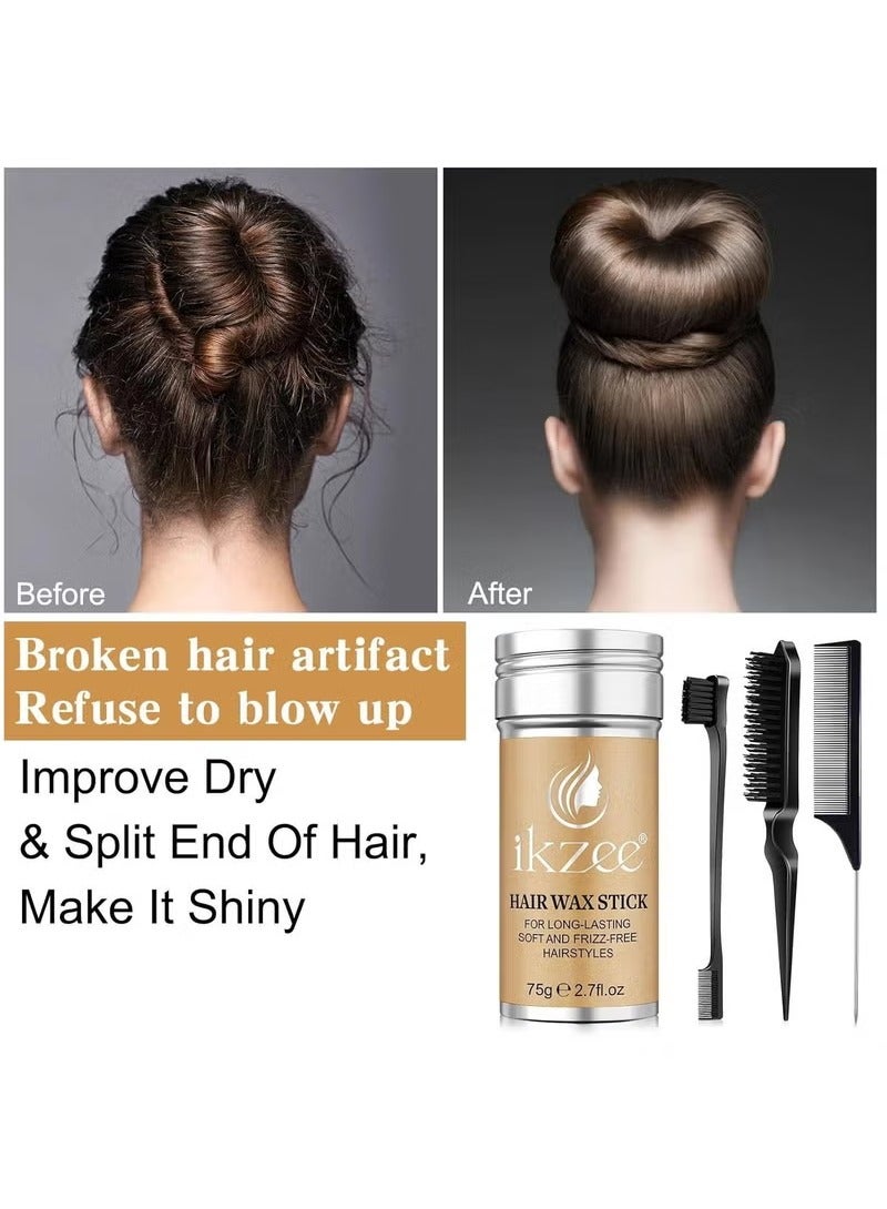 IKZEE 75g Hair Wax Stick and Comb Set 3 PCS Edge Control Brush Hair Slick Stick Wax Stick for Hair Bristle Brush for Flyaways Teasing Brush for Hair Styling for Baby Hair & Flyaways & Edge Frizz Hair - Image 2