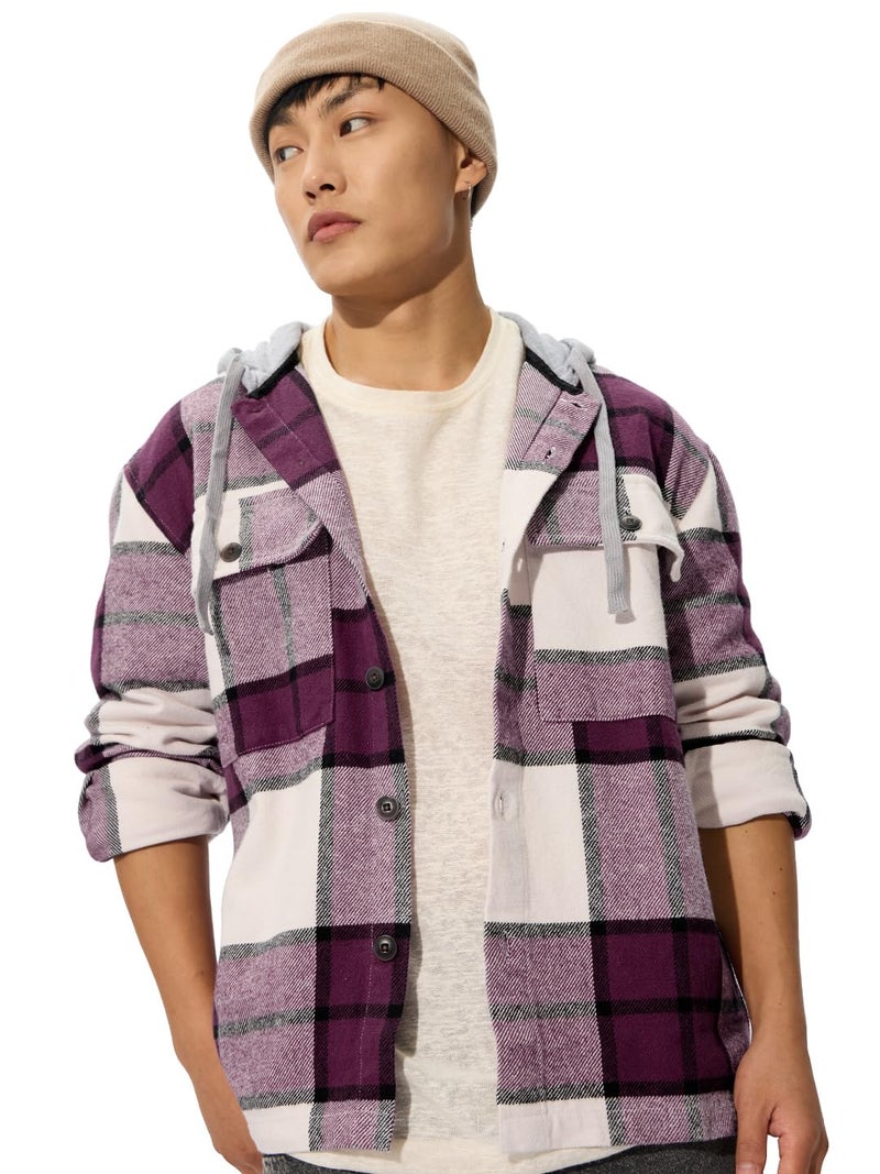 The Souled Store Plaid Hooded Shacket: Mauve Mist Men and Boys Long Sleeves Hooded Neck Button Front Cotton Oversized Shackets - Image 1