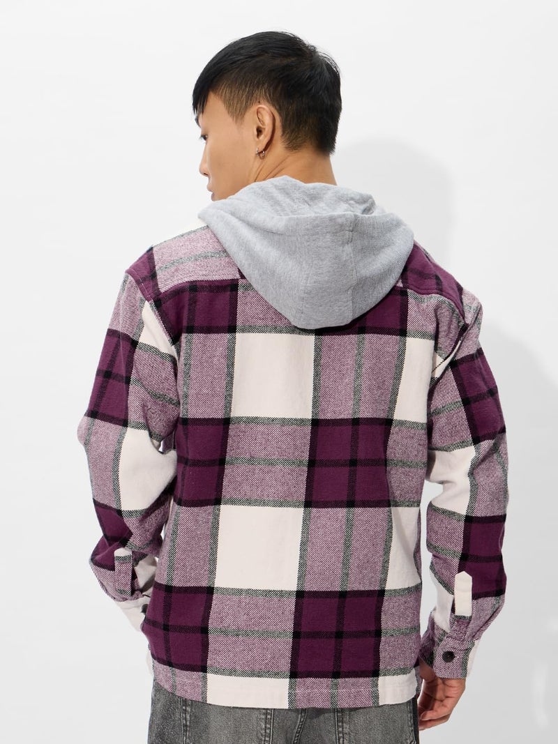 The Souled Store Plaid Hooded Shacket: Mauve Mist Men and Boys Long Sleeves Hooded Neck Button Front Cotton Oversized Shackets - Image 4