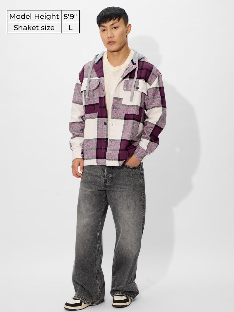 The Souled Store Plaid Hooded Shacket: Mauve Mist Men and Boys Long Sleeves Hooded Neck Button Front Cotton Oversized Shackets - Image 2