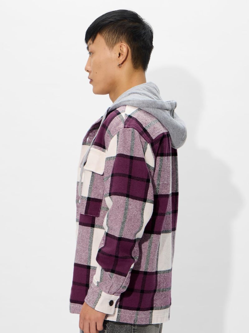 The Souled Store Plaid Hooded Shacket: Mauve Mist Men and Boys Long Sleeves Hooded Neck Button Front Cotton Oversized Shackets - Image 3