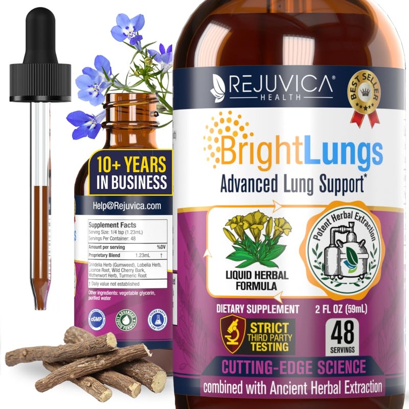 Rejuvica Health Bright Lungs Lung Detox Support Supplement to Help Maintain Overall Lung Respiratory Health Grindelia Lobelia Licorice Wild Cherry More 