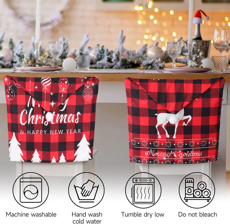 Weldomcor Weldomcor Christmas Chair Covers Set of 4 Chair Protector Slipcovers Short Plush Buffalo Plaid Deer Tree Xmas Decoration Dining Chair Seat Covers for Kitchen Restaurant Holiday Party Decor  - Image 4