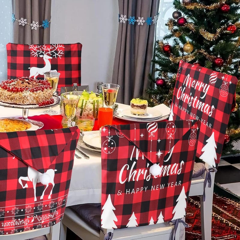 Weldomcor Weldomcor Christmas Chair Covers Set of 4 Chair Protector Slipcovers Short Plush Buffalo Plaid Deer Tree Xmas Decoration Dining Chair Seat Covers for Kitchen Restaurant Holiday Party Decor  - Image 1