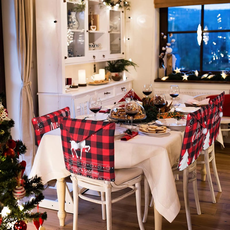 Weldomcor Weldomcor Christmas Chair Covers Set of 4 Chair Protector Slipcovers Short Plush Buffalo Plaid Deer Tree Xmas Decoration Dining Chair Seat Covers for Kitchen Restaurant Holiday Party Decor  - Image 3