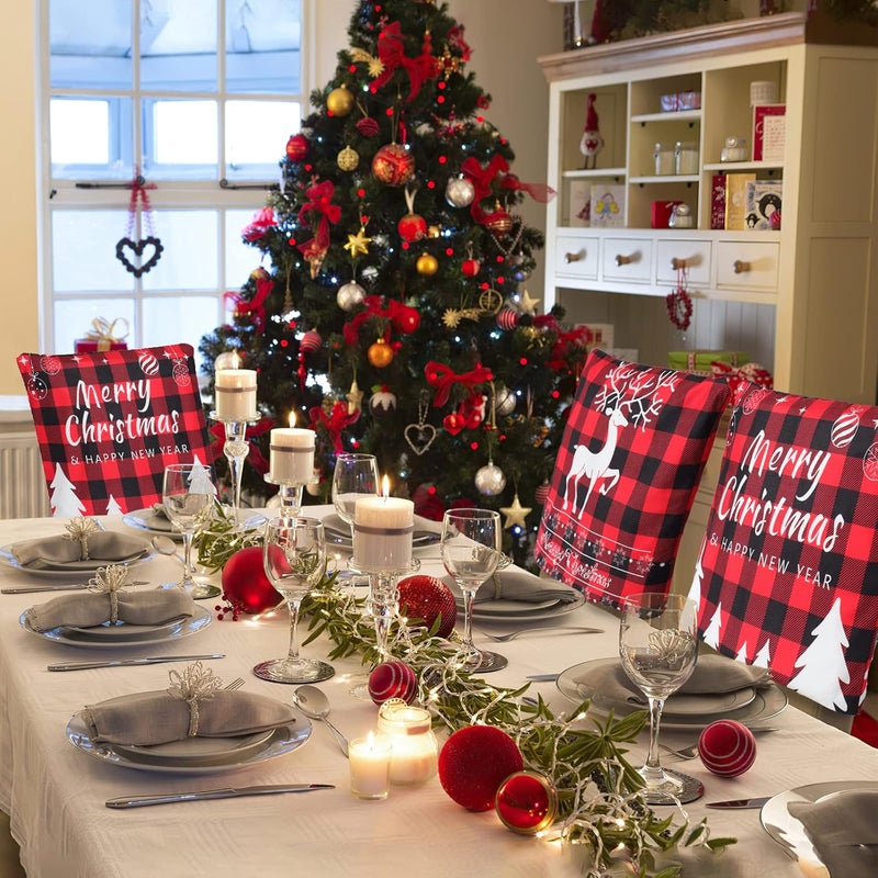 Weldomcor Weldomcor Christmas Chair Covers Set of 4 Chair Protector Slipcovers Short Plush Buffalo Plaid Deer Tree Xmas Decoration Dining Chair Seat Covers for Kitchen Restaurant Holiday Party Decor  - Image 2